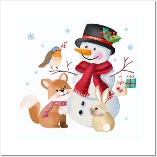Snowman with forest animals Posters and Art